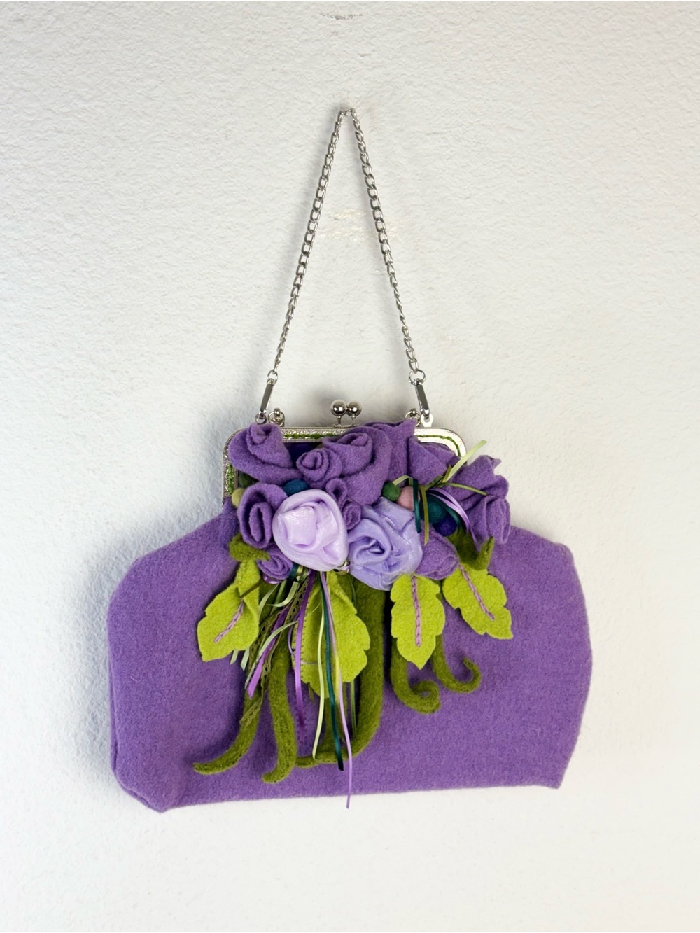 Purple Handmade Felted Wool Floral Interchangeable Strap Handbag Purse